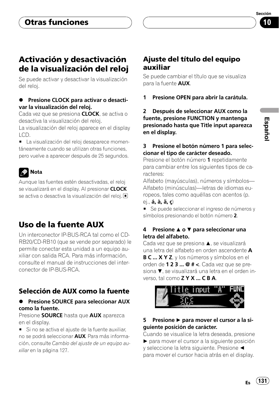 Otras funciones, Activación y desactivación de la visualización, Del reloj 131 | Uso de la fuente aux 131, Selección de aux como la, Fuente 131, Ajuste del título del equipo, Auxiliar 131, Uso de la fuente aux | Pioneer DEH-P9650MP User Manual | Page 131 / 221