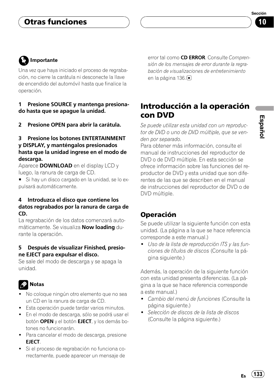 Introducción a la operación con dvd 133, Operación 133, Introducción a la operación con dvd | Otras funciones, Operación | Pioneer DEH-P9650MP User Manual | Page 133 / 221