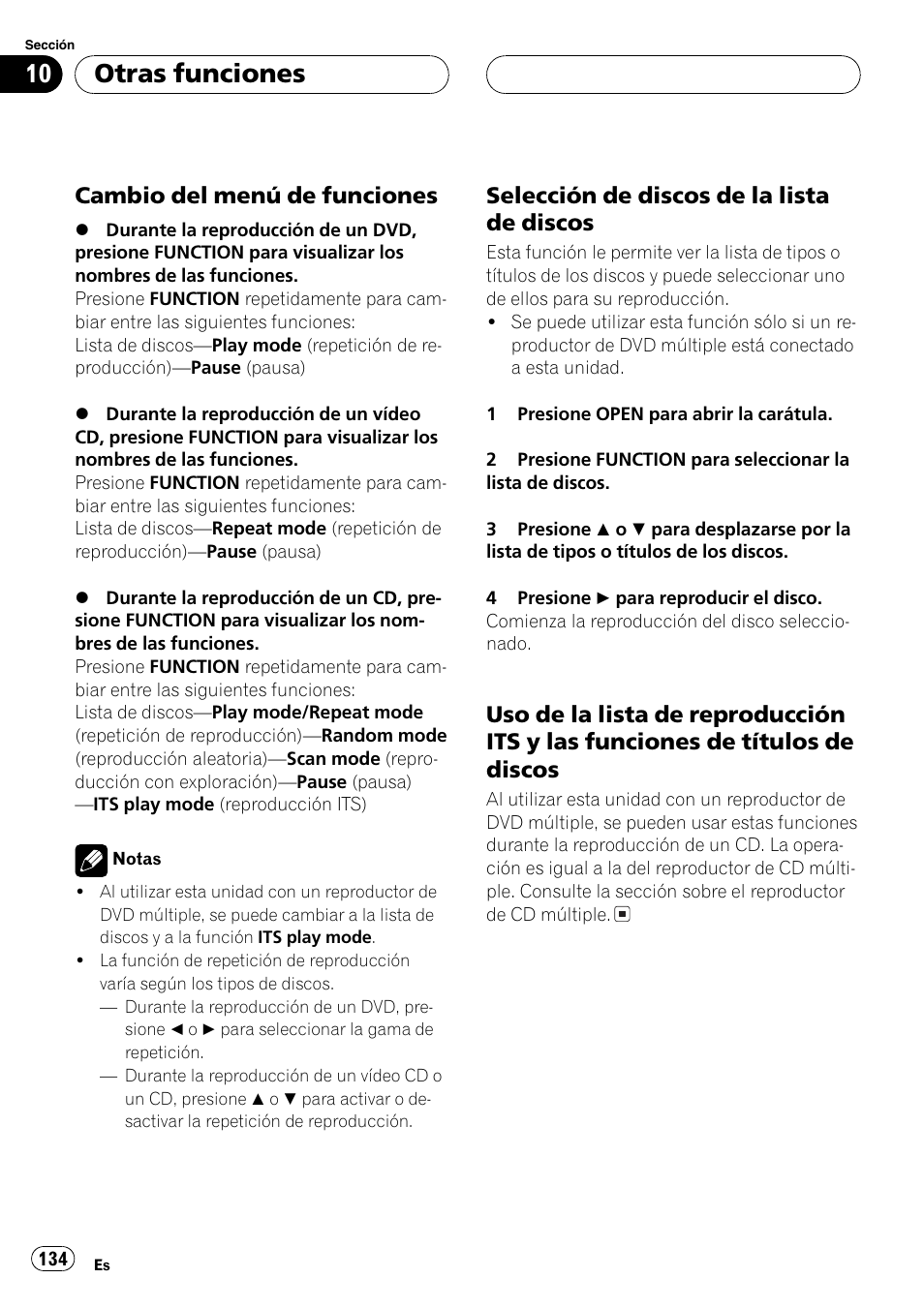 Cambio del menú de funciones 134, Selección de discos de la lista de, Discos 134 | Uso de la lista de reproducción its y, Las funciones de títulos de discos 134, Uso de la lista de reproducción its y las fun, Ciones de títulos de discos, La pá, Gina siguiente.), Cambio del menú de funciones | Pioneer DEH-P9650MP User Manual | Page 134 / 221