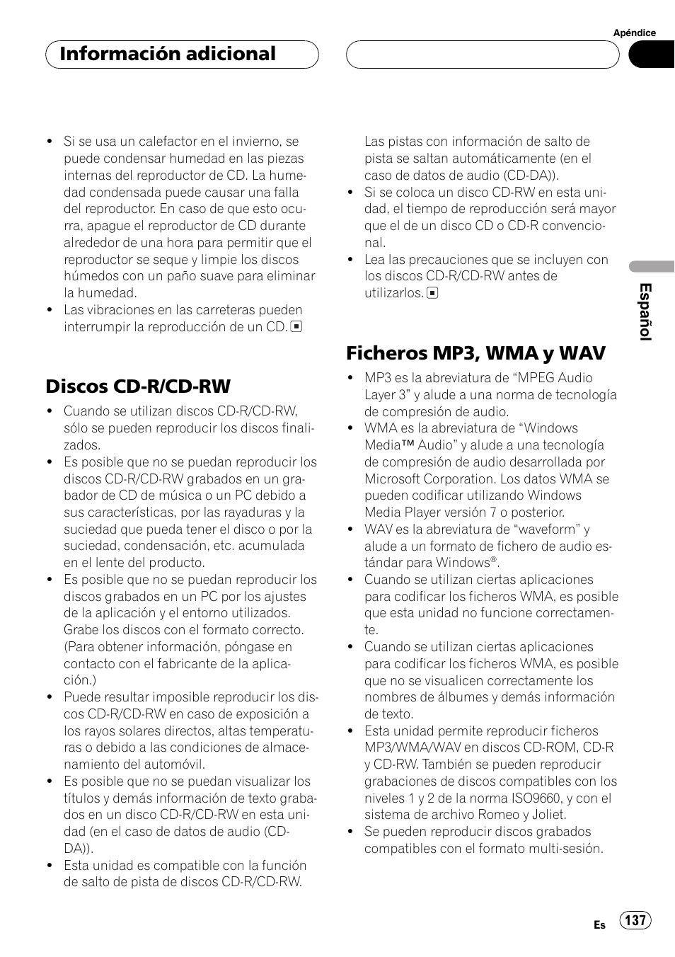 Discos cd-r/cd-rw 137, Ficheros mp3, wma y wav 137, Discos cd-r/cd-rw | Ficheros mp3, wma y wav, Información adicional | Pioneer DEH-P9650MP User Manual | Page 137 / 221