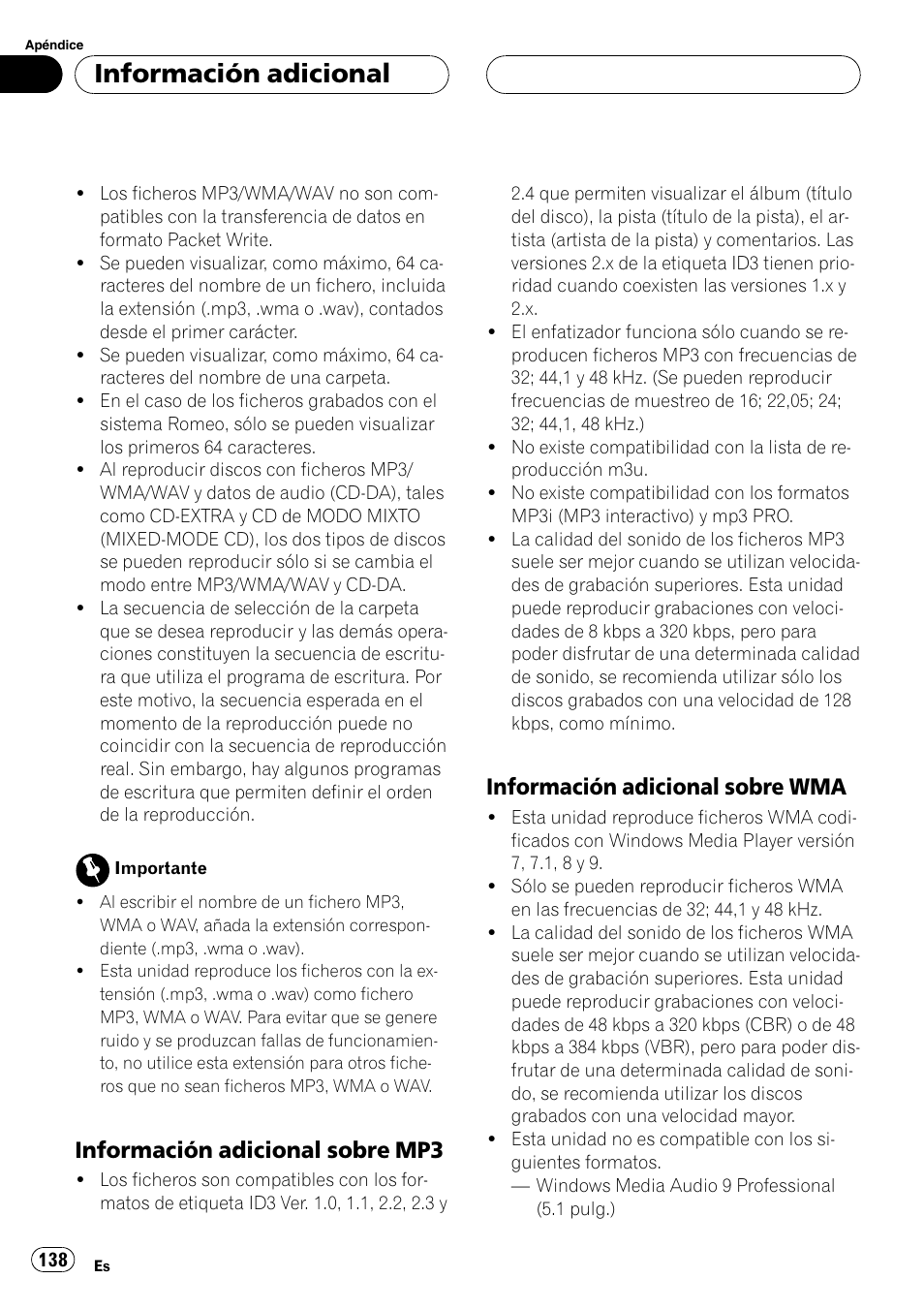 Información adicional sobre, Mp3 138, Wma 138 | Información adicional, Información adicional sobre mp3, Información adicional sobre wma | Pioneer DEH-P9650MP User Manual | Page 138 / 221