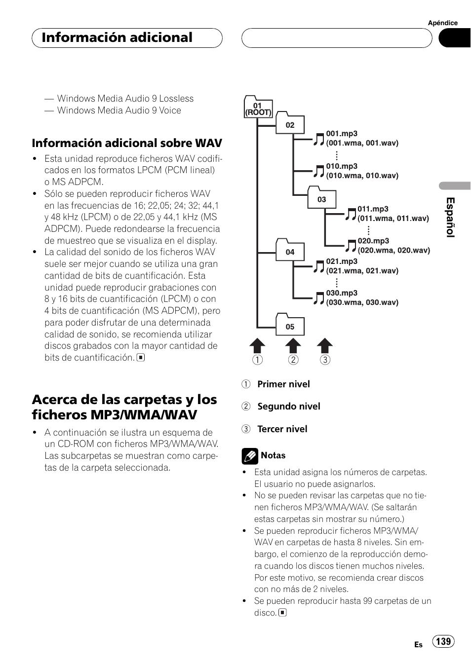 Información adicional sobre, Wav 139, Acerca de las carpetas y los ficheros mp3 | Wma/wav 139, Acerca de las carpetas y los ficheros mp3/wma/wav, Información adicional, Información adicional sobre wav | Pioneer DEH-P9650MP User Manual | Page 139 / 221