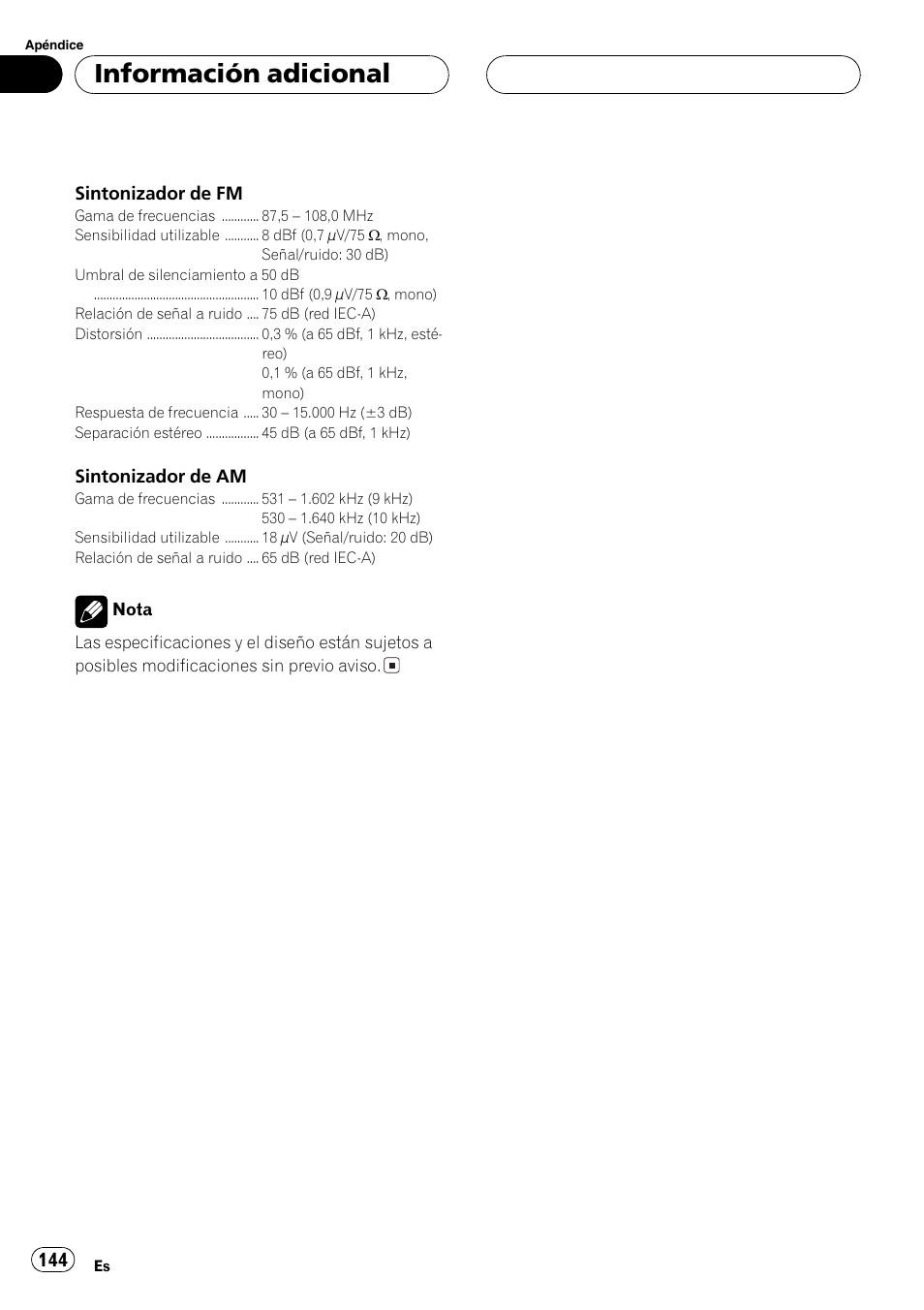 Información adicional | Pioneer DEH-P9650MP User Manual | Page 144 / 221