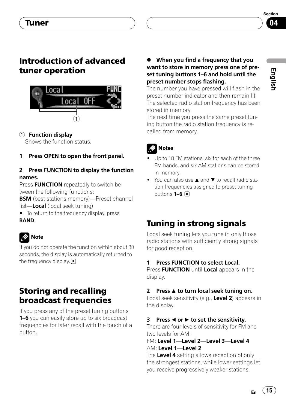 Introduction of advanced tuner, Operation 15, Storing and recalling broadcast | Frequencies 15, Tuning in strong signals 15, Introduction of advanced tuner operation, Storing and recalling broadcast frequencies, Tuning in strong signals, Tuner | Pioneer DEH-P9650MP User Manual | Page 15 / 221
