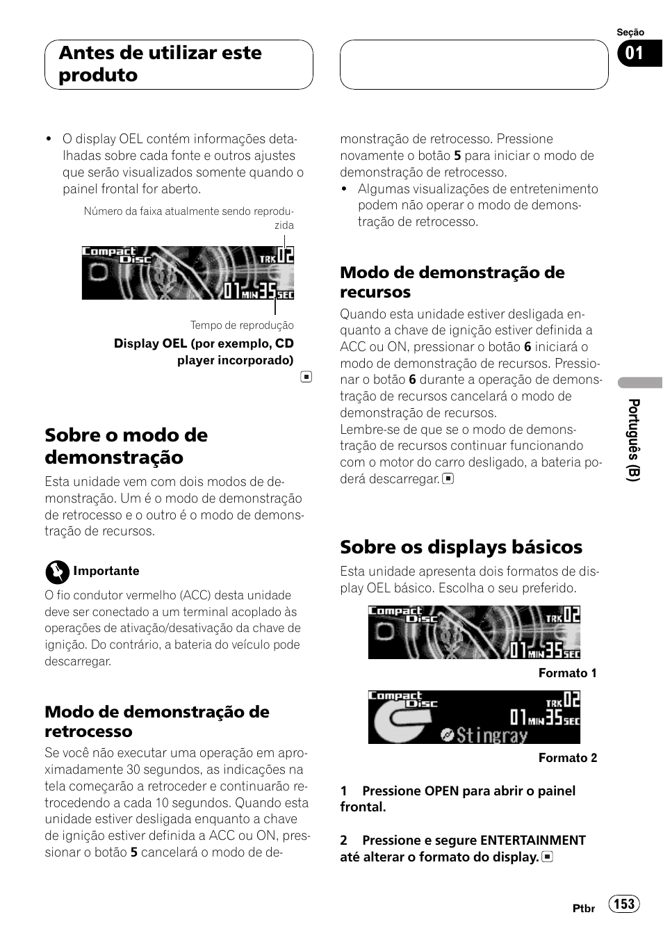 Sobre o modo de demonstração 153, Modo de demonstração de, Retrocesso 153 | Recursos 153, Sobre os displays básicos 153, Sobre o modo de demonstração, Sobre os displays básicos, Antes de utilizar este produto | Pioneer DEH-P9650MP User Manual | Page 153 / 221