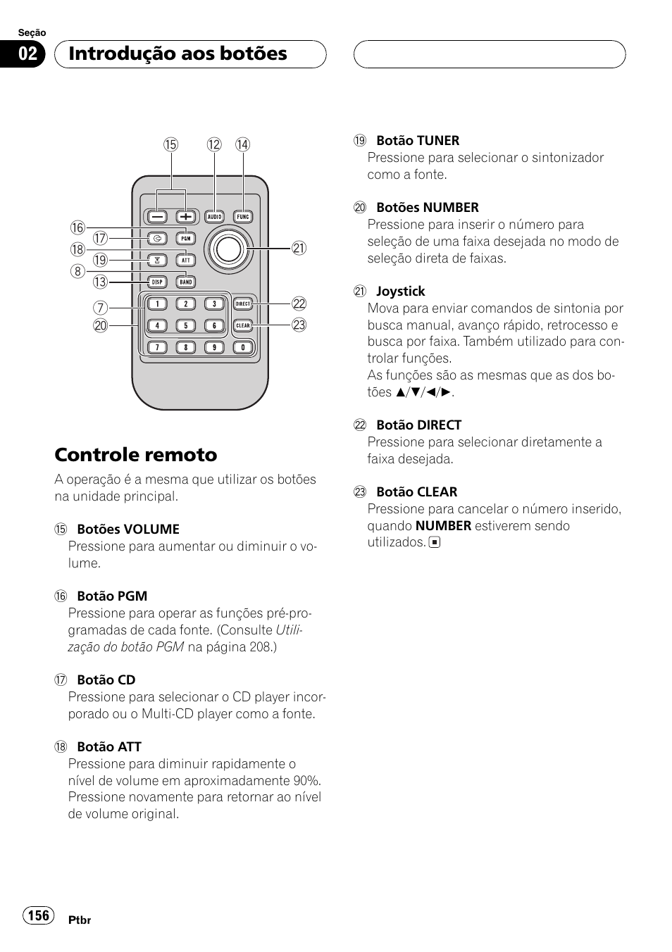 Controle remoto 156, Controle remoto, Introdução aos botões | Pioneer DEH-P9650MP User Manual | Page 156 / 221
