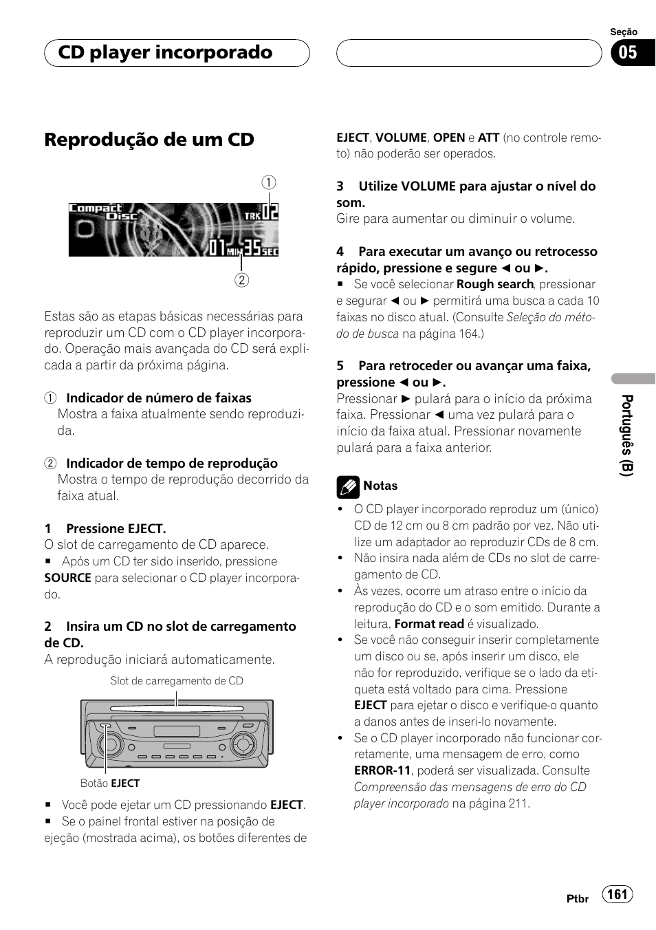 Cd player incorporado, Reprodução de um cd 161, Reprodução de um cd | Pioneer DEH-P9650MP User Manual | Page 161 / 221
