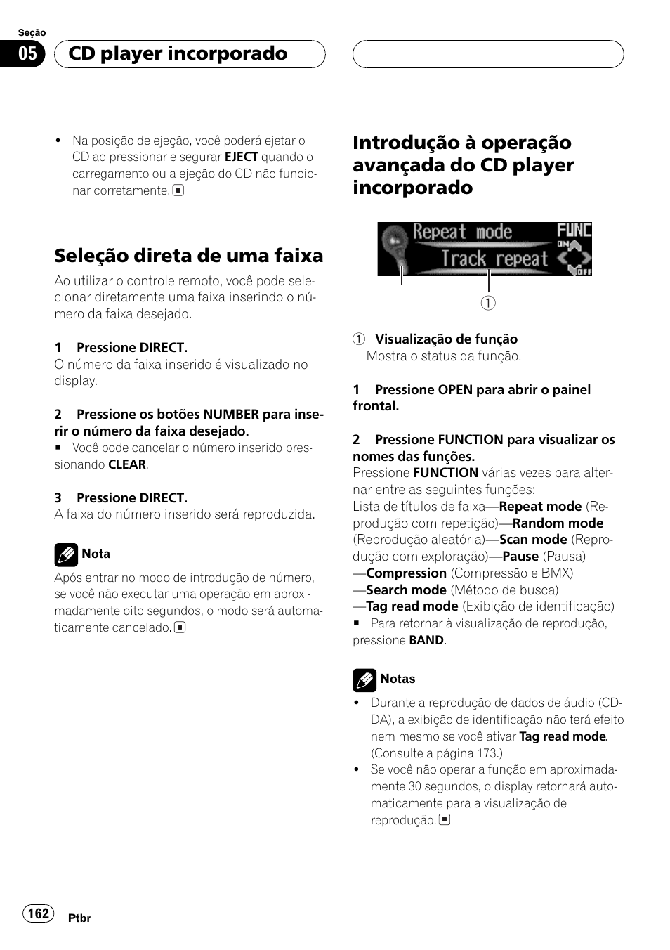Seleção direta de uma faixa 162, Introdução à operação avançada do cd, Player incorporado 162 | Seleção direta de uma faixa, Cd player incorporado | Pioneer DEH-P9650MP User Manual | Page 162 / 221