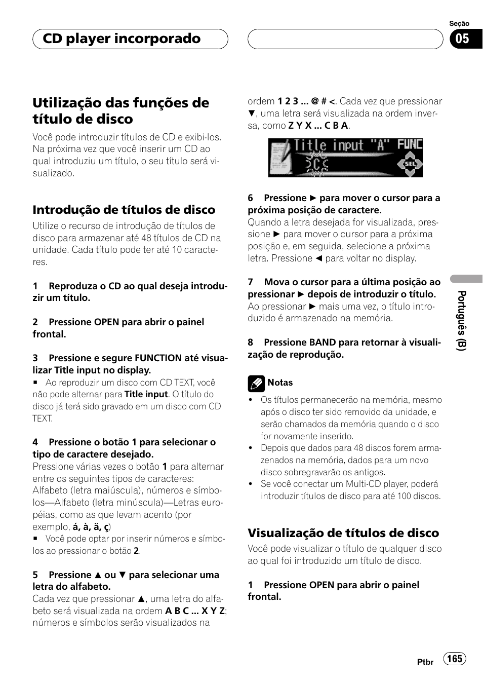 Utilização das funções de título de, Disco 165, Introdução de títulos de disco 165 | Visualização de títulos de disco 165, Utilização das funções de título de disco, Cd player incorporado, Introdução de títulos de disco, Visualização de títulos de disco | Pioneer DEH-P9650MP User Manual | Page 165 / 221