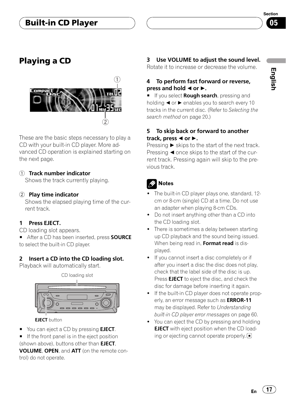 Built-in cd player playing a cd 17, Playing a cd, Built-in cd player | Pioneer DEH-P9650MP User Manual | Page 17 / 221