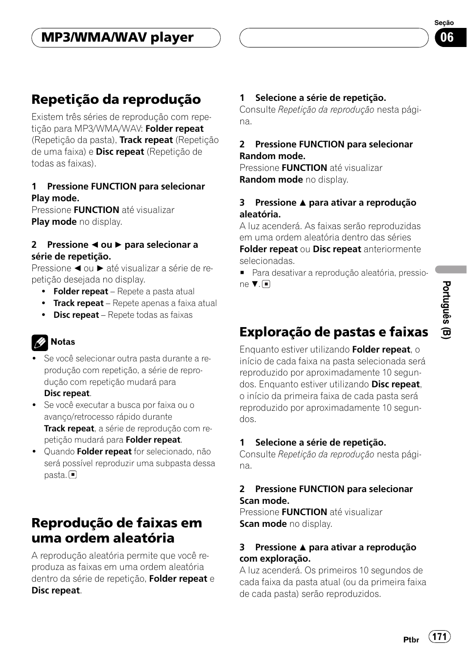 Repetição da reprodução 171, Reprodução de faixas em uma ordem, Aleatória 171 | Exploração de pastas e faixas 171, Repetição da reprodução, Reprodução de faixas em uma ordem aleatória, Exploração de pastas e faixas, Mp3/wma/wavplayer | Pioneer DEH-P9650MP User Manual | Page 171 / 221