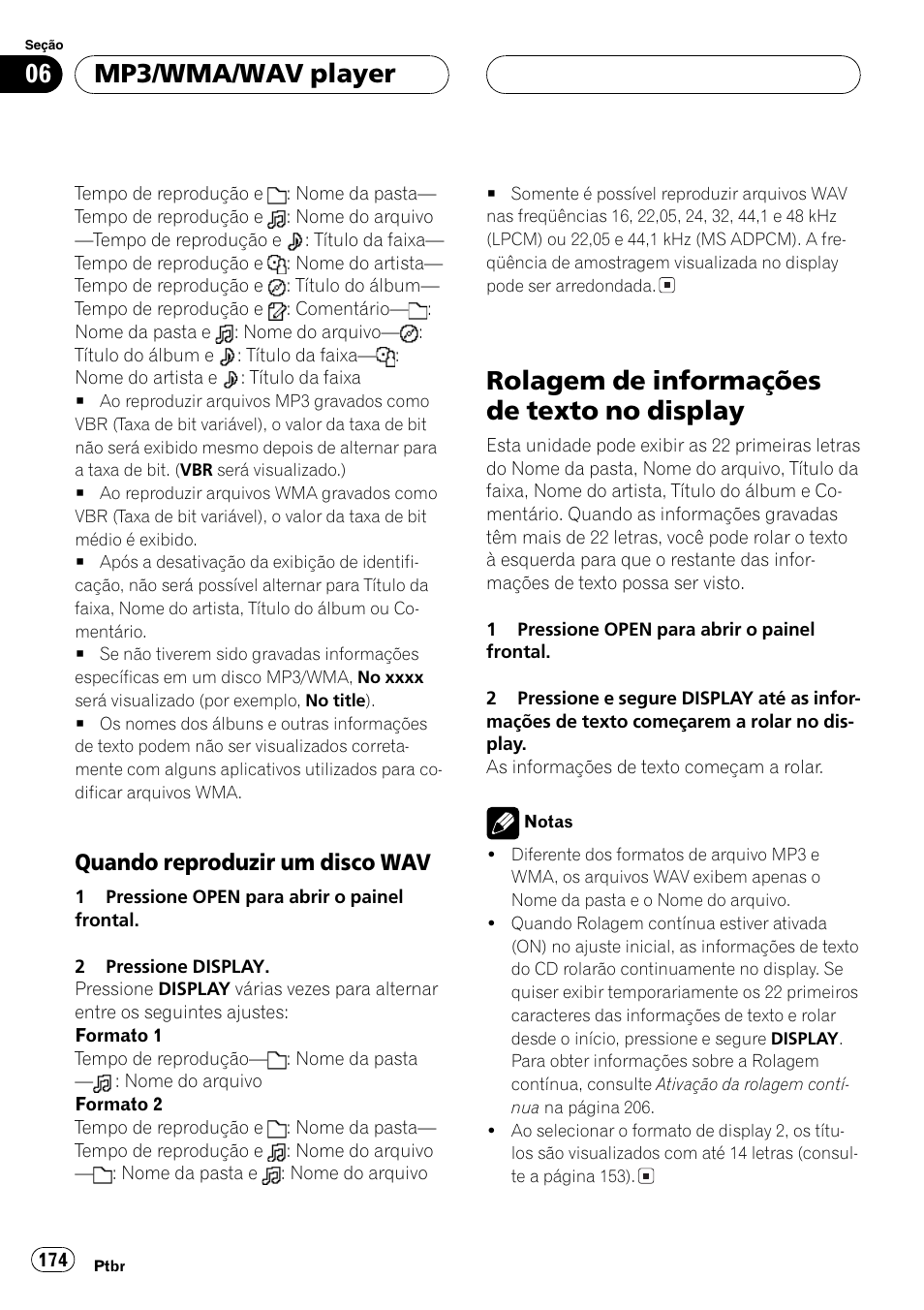 Quando reproduzir um disco, Wav 174, Rolagem de informações de texto no | Display 174, Rolagem de informações de texto no display, Mp3/wma/wavplayer, Quando reproduzir um disco wav | Pioneer DEH-P9650MP User Manual | Page 174 / 221