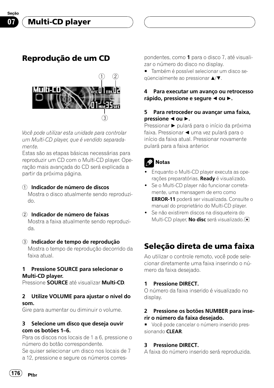 Multi-cd player, Reprodução de um cd 176, Seleção direta de uma faixa 176 | Reprodução de um cd, Seleção direta de uma faixa | Pioneer DEH-P9650MP User Manual | Page 176 / 221