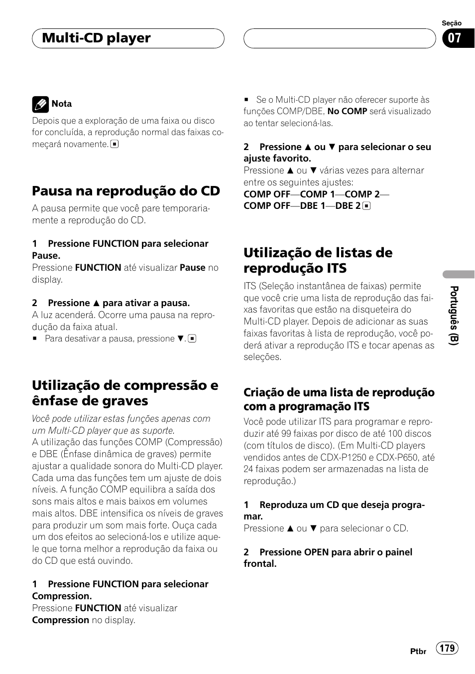 Pausa na reprodução do cd 179, Utilização de compressão e ênfase de, Graves 179 | Utilização de listas de reprodução its 179, Criação de uma lista de reprodução, Com a programação its 179, Pausa na reprodução do cd, Utilização de compressão e ênfase de graves, Utilização de listas de reprodução its, Multi-cd player | Pioneer DEH-P9650MP User Manual | Page 179 / 221
