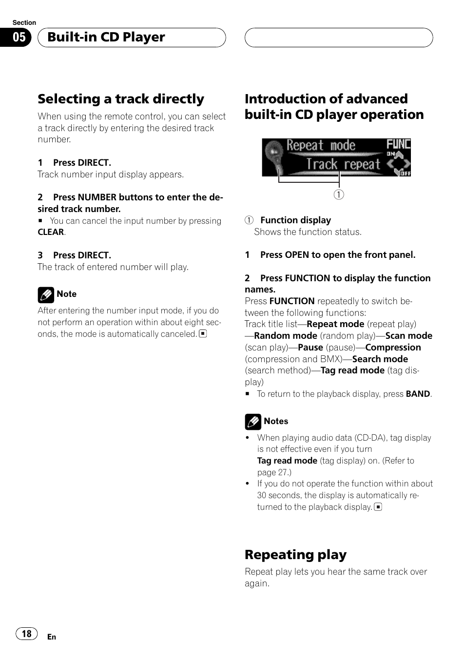 Operation 18, Repeating play 18, Selecting a track directly | Repeating play, Built-in cd player | Pioneer DEH-P9650MP User Manual | Page 18 / 221