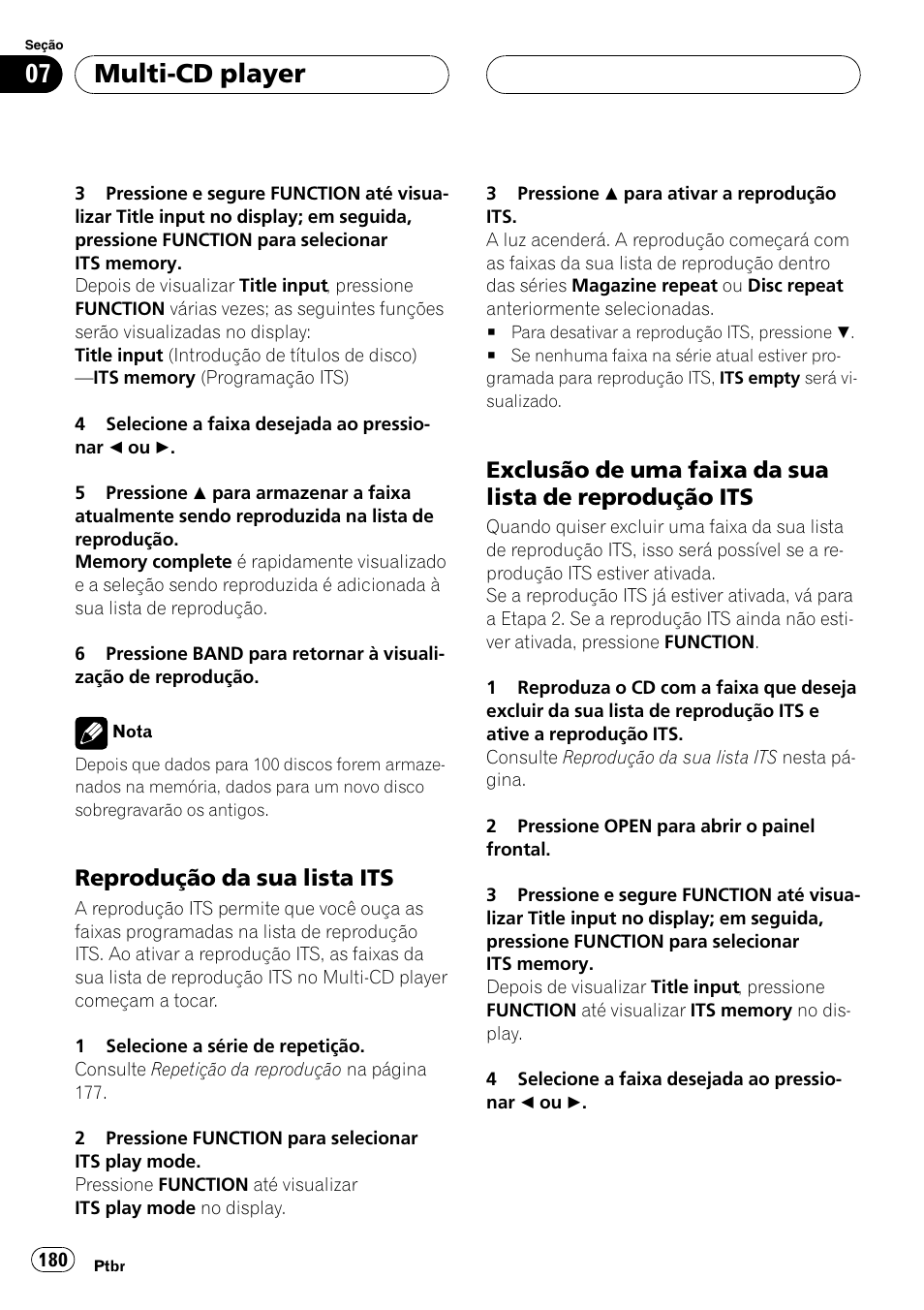Reprodução da sua lista its 180, Exclusão de uma faixa da sua lista de, Reprodução its 180 | Multi-cd player, Reprodução da sua lista its | Pioneer DEH-P9650MP User Manual | Page 180 / 221
