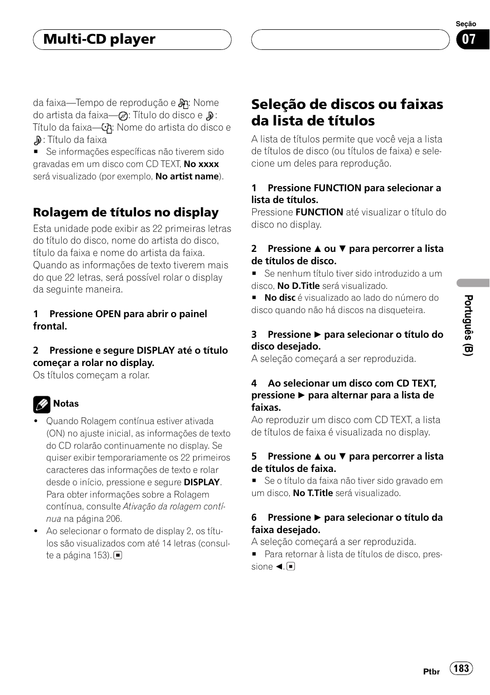 Rolagem de títulos no display 183, Seleção de discos ou faixas da lista de, Títulos 183 | Seleção de discos ou faixas da lista de títulos, Multi-cd player, Rolagem de títulos no display | Pioneer DEH-P9650MP User Manual | Page 183 / 221