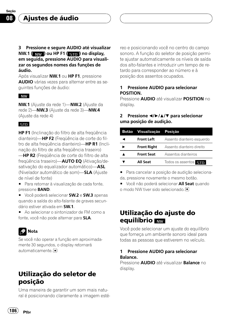 Utilização do seletor de posição 186, Utilização do ajuste do equilíbrio, Utilização do seletor de posição na próxima | Utilização do seletor de posição, Ajustes de áudio | Pioneer DEH-P9650MP User Manual | Page 186 / 221