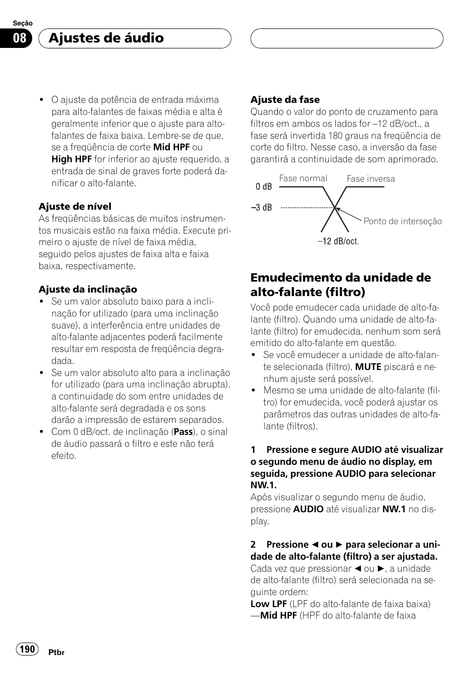 Emudecimento da unidade de alto, Falante (filtro) 190, Ajustes de áudio | Emudecimento da unidade de alto-falante (filtro) | Pioneer DEH-P9650MP User Manual | Page 190 / 221