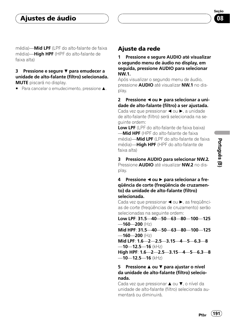 Ajuste da rede 191, Ajustes de áudio, Ajuste da rede | Pioneer DEH-P9650MP User Manual | Page 191 / 221