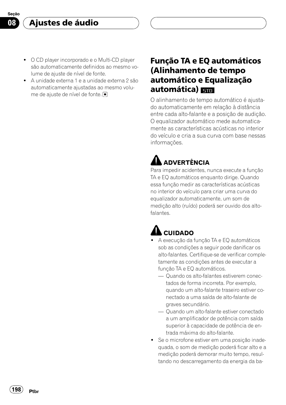 Função ta e eq automáticos (alinhamento, De tempo automático e equalização, Automática) | De tempo automático e equalização automá, Tica), Função ta e eq automáti, Cos (alinhamento de tempo automático e equa, Lização automática), Ajustes de áudio | Pioneer DEH-P9650MP User Manual | Page 198 / 221