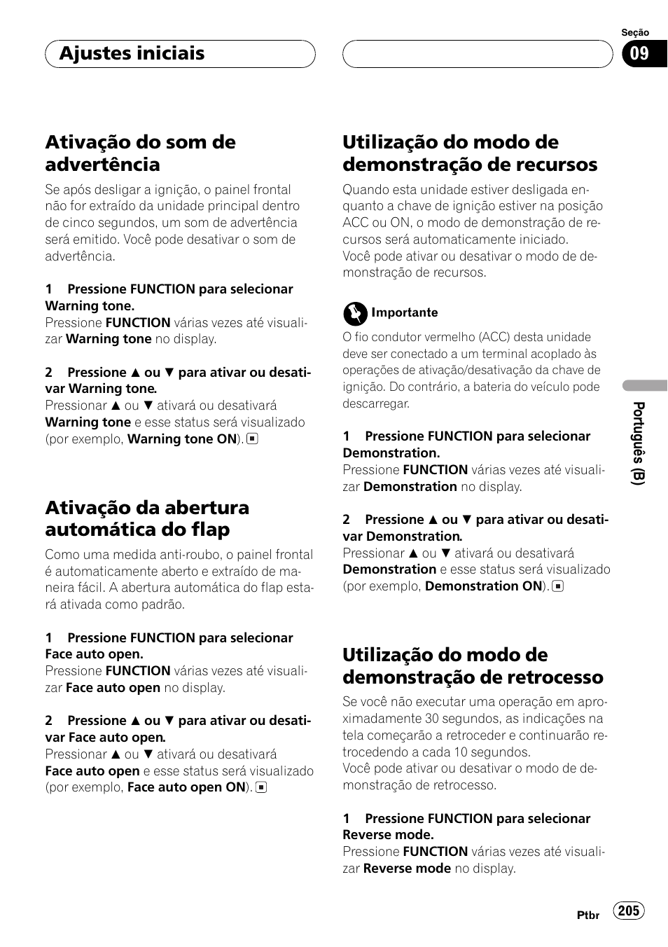 Ativação do som de advertência 205, Ativação da abertura automática do, Flap 205 | Utilização do modo de demonstração de, Recursos 205, Retrocesso 205, Ativação do som de advertência na, Ativação da abertura auto, Ativação do som de advertência, Ativação da abertura automática do flap | Pioneer DEH-P9650MP User Manual | Page 205 / 221