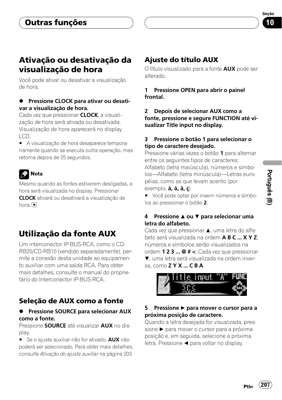 Outras funções, Ativação ou desativação da visualização de, Hora 207 | Utilização da fonte aux 207, Seleção de aux como a fonte 207, Ajuste do título aux 207, Ativação ou desativação da visualização de hora, Utilização da fonte aux | Pioneer DEH-P9650MP User Manual | Page 207 / 221
