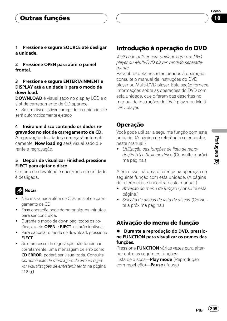 Introdução à operação do dvd 209, Operação 209, Ativação do menu de função 209 | Introdução à operação do dvd, Outras funções, Operação, Ativação do menu de função | Pioneer DEH-P9650MP User Manual | Page 209 / 221