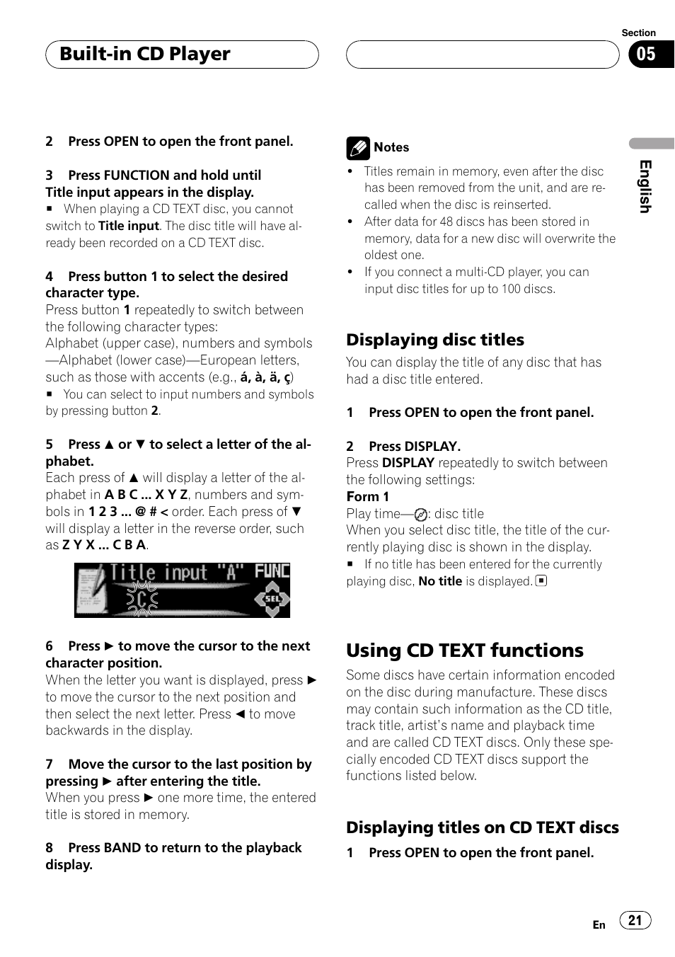 Displaying disc titles 21, Using cd text functions 21, Displaying titles on cd text | Discs 21, Using cd text functions, Built-in cd player, Displaying disc titles, Displaying titles on cd text discs | Pioneer DEH-P9650MP User Manual | Page 21 / 221