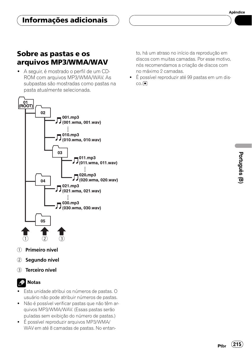 Sobre as pastas e os arquivos mp3/wma, Wav 215, Sobre as pastas e os arquivos mp3/wma/wav | Informações adicionais | Pioneer DEH-P9650MP User Manual | Page 215 / 221