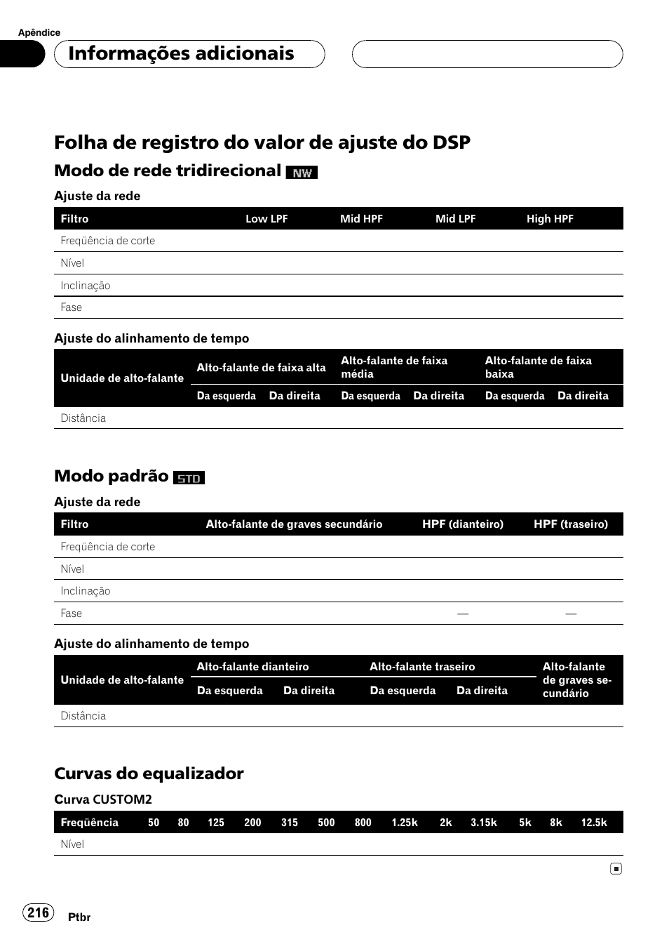 Folha de registro do valor de ajuste do, Dsp 216, Modo de rede tridirecional | Modo padrão, Curvas do equalizador 216, Folha de registro do valor de ajuste do dsp, Informações adicionais, Curvas do equalizador | Pioneer DEH-P9650MP User Manual | Page 216 / 221