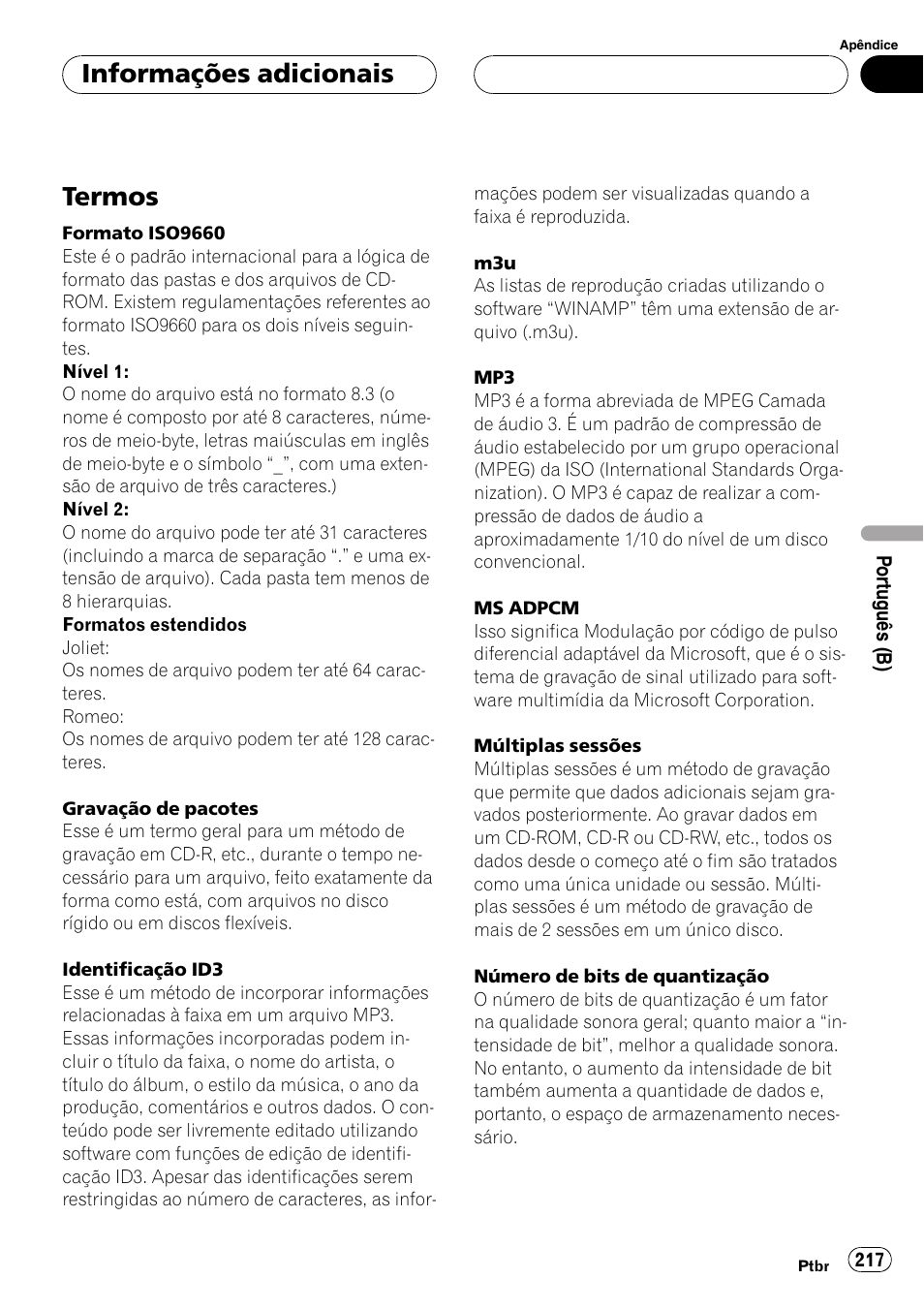 Termos 217, Termos, Informações adicionais | Pioneer DEH-P9650MP User Manual | Page 217 / 221