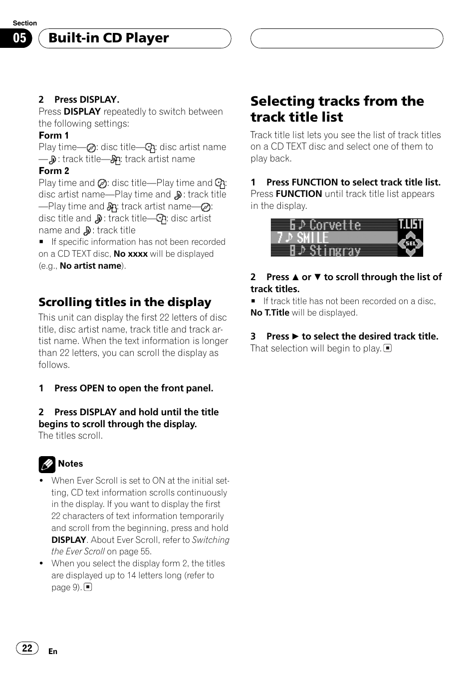 Scrolling titles in the display 22, Selecting tracks from the track title list 22, Selecting tracks from the track title list | Built-in cd player, Scrolling titles in the display | Pioneer DEH-P9650MP User Manual | Page 22 / 221