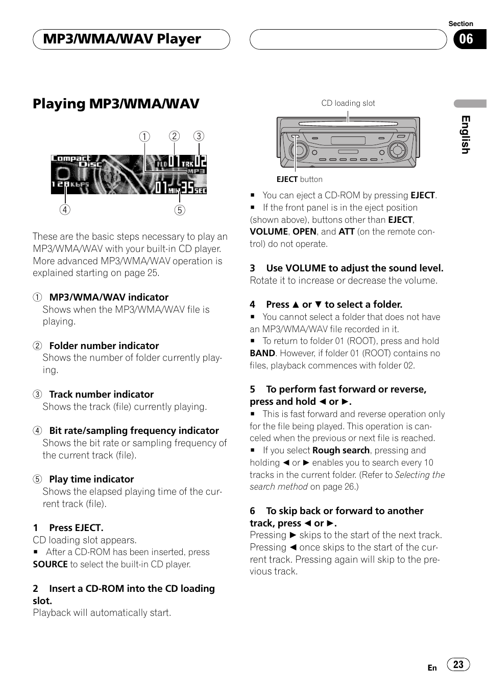 Mp3/wma/wav player playing mp3/wma/wav 23, Playing mp3/wma/wav, Mp3/wma/wavplayer | Pioneer DEH-P9650MP User Manual | Page 23 / 221