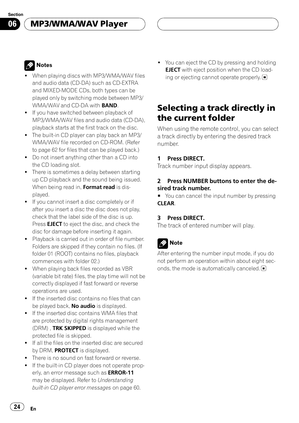 Selecting a track directly in the current, Folder 24, Selecting a track directly in the current folder | Mp3/wma/wavplayer | Pioneer DEH-P9650MP User Manual | Page 24 / 221