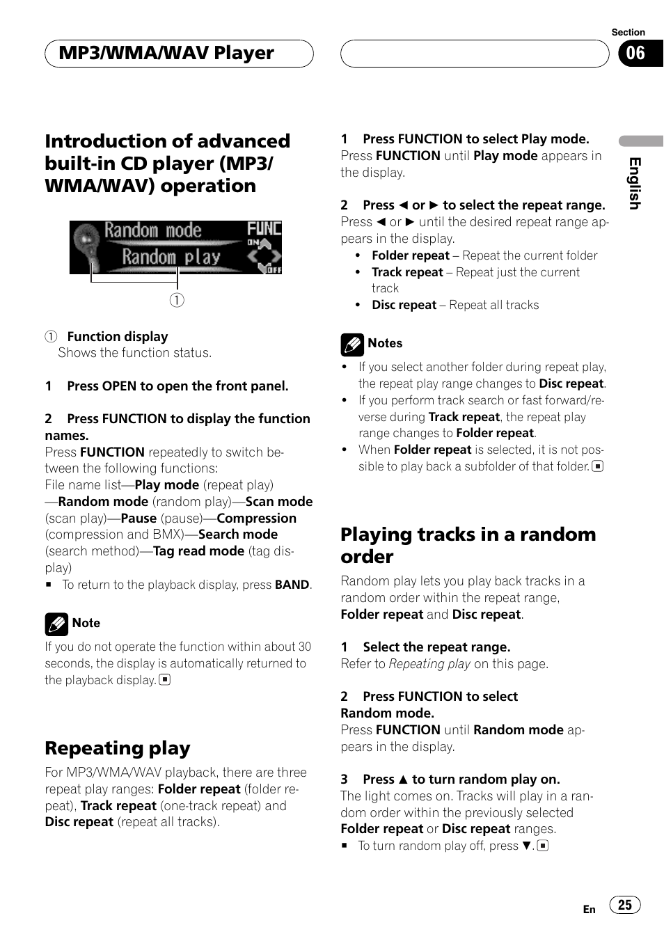 Introduction of advanced built-in cd player, Mp3/wma/wav) operation 25, Repeating play | Playing tracks in a random order, Mp3/wma/wavplayer | Pioneer DEH-P9650MP User Manual | Page 25 / 221