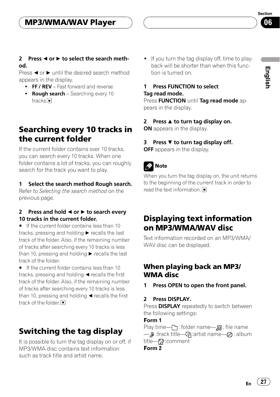 Searching every 10 tracks in the current, Folder 27, Wav disc 27 | When playing back an mp3/wma, Disc 27, Searching every 10 tracks in the current folder, Switching the tag display, Displaying text information on mp3/wma/wavdisc, Mp3/wma/wavplayer | Pioneer DEH-P9650MP User Manual | Page 27 / 221