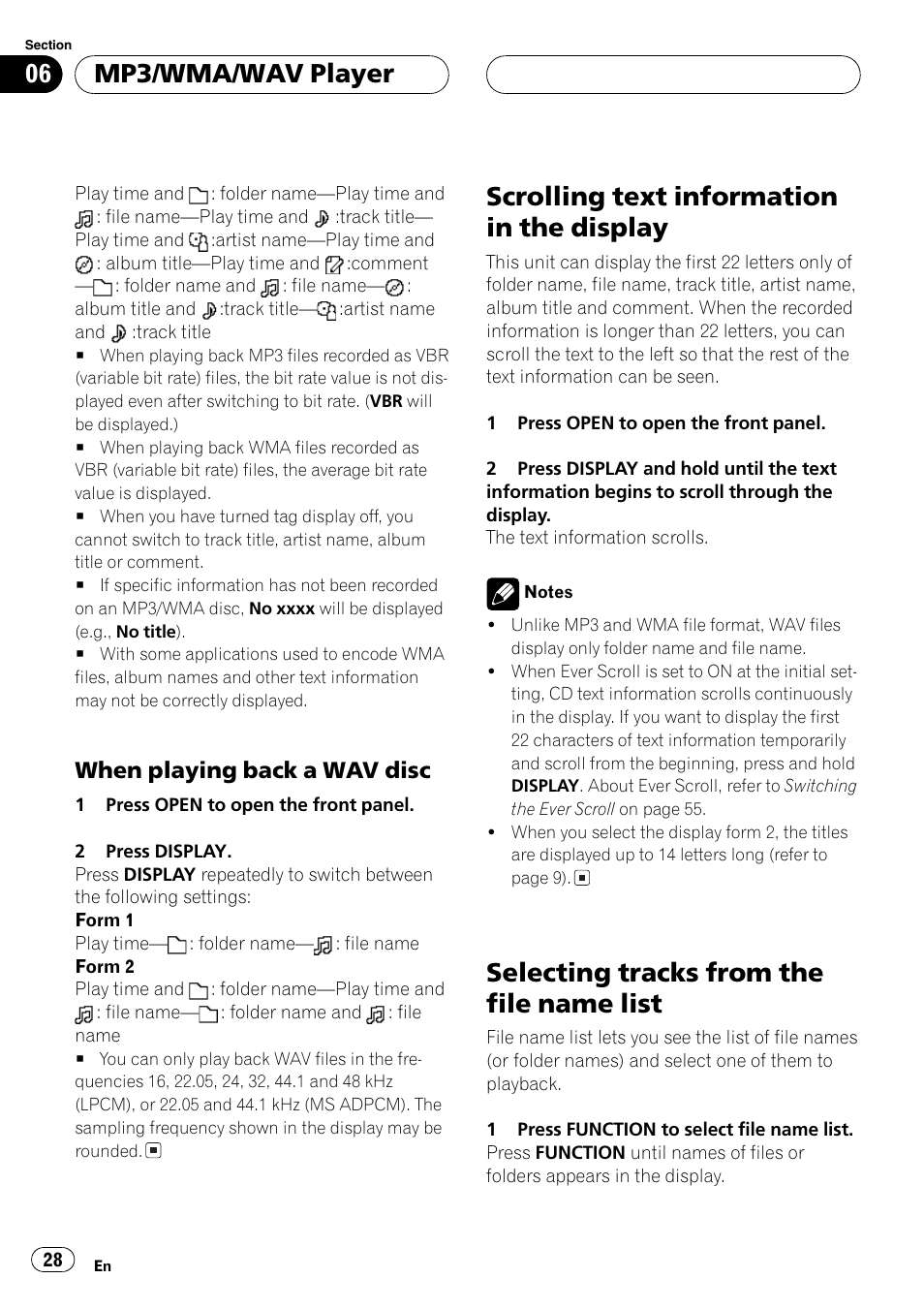 When playing back a wav disc 28, Scrolling text information in the display, Selecting tracks from the file name list | Mp3/wma/wavplayer | Pioneer DEH-P9650MP User Manual | Page 28 / 221