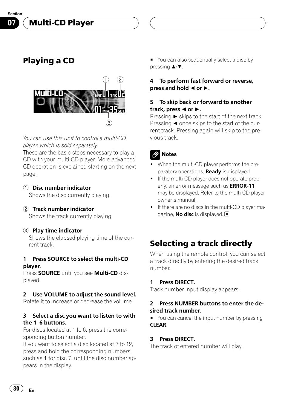 Playing a cd, Selecting a track directly, Multi-cd player | Pioneer DEH-P9650MP User Manual | Page 30 / 221