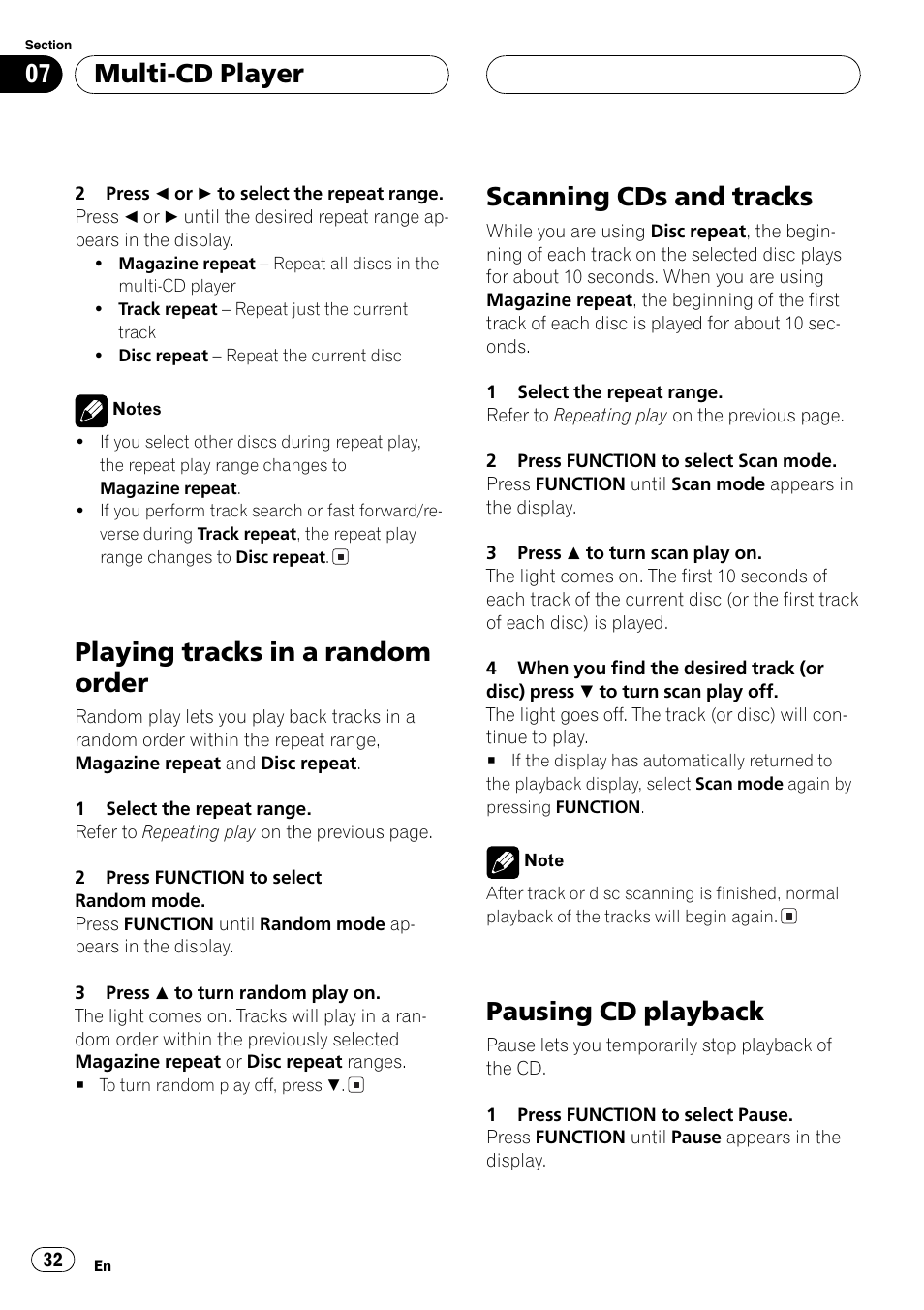 Playing tracks in a random order, Scanning cds and tracks, Pausing cd playback | Multi-cd player | Pioneer DEH-P9650MP User Manual | Page 32 / 221