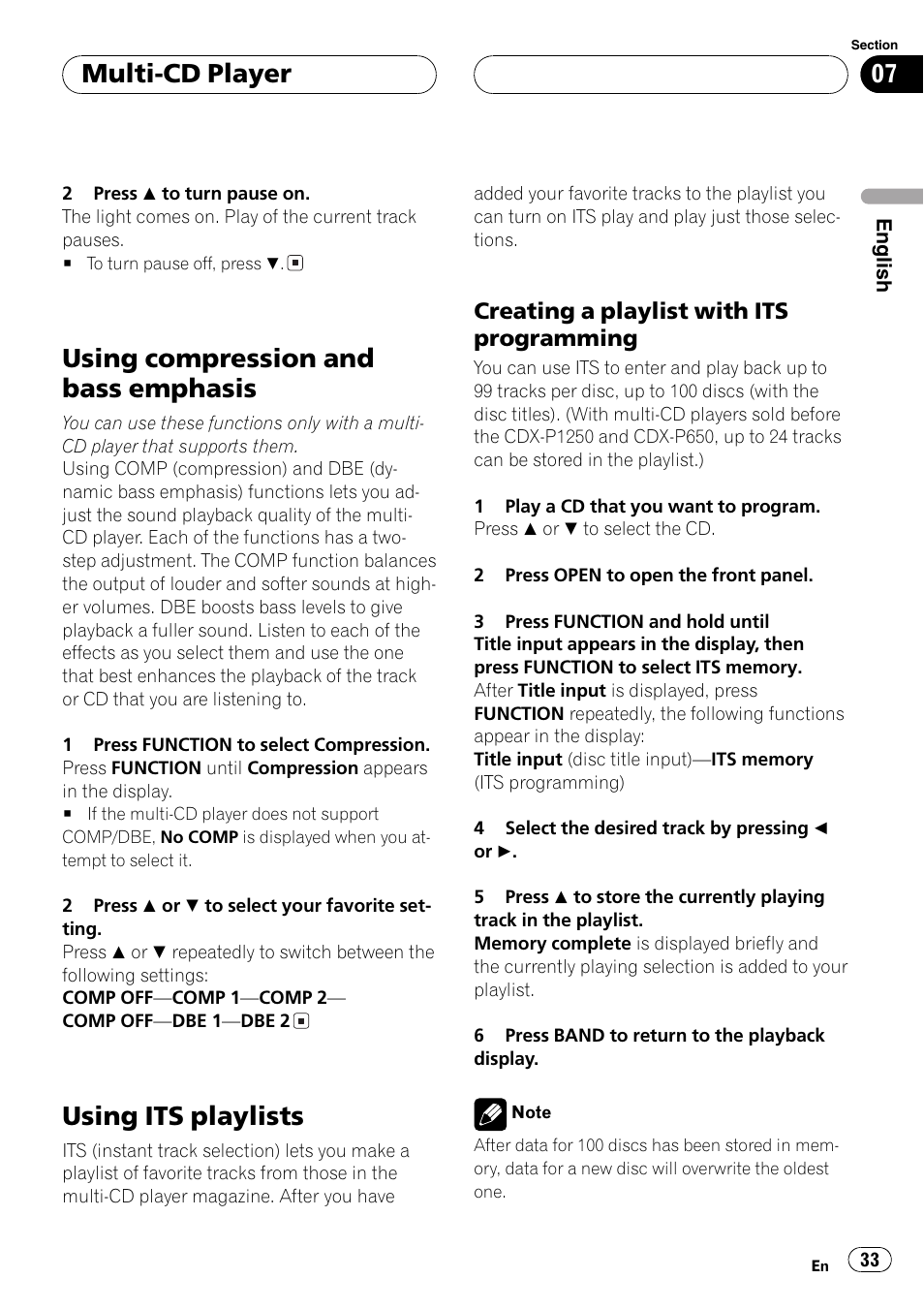 Creating a playlist with its, Programming 33, Using compression and bass emphasis | Using its playlists, Multi-cd player, Creating a playlist with its programming | Pioneer DEH-P9650MP User Manual | Page 33 / 221