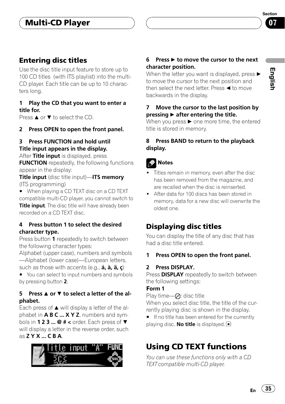 Entering disc titles 35, Displaying disc titles 35, Using cd text functions 35 | Using cd text functions, Multi-cd player, Entering disc titles, Displaying disc titles | Pioneer DEH-P9650MP User Manual | Page 35 / 221
