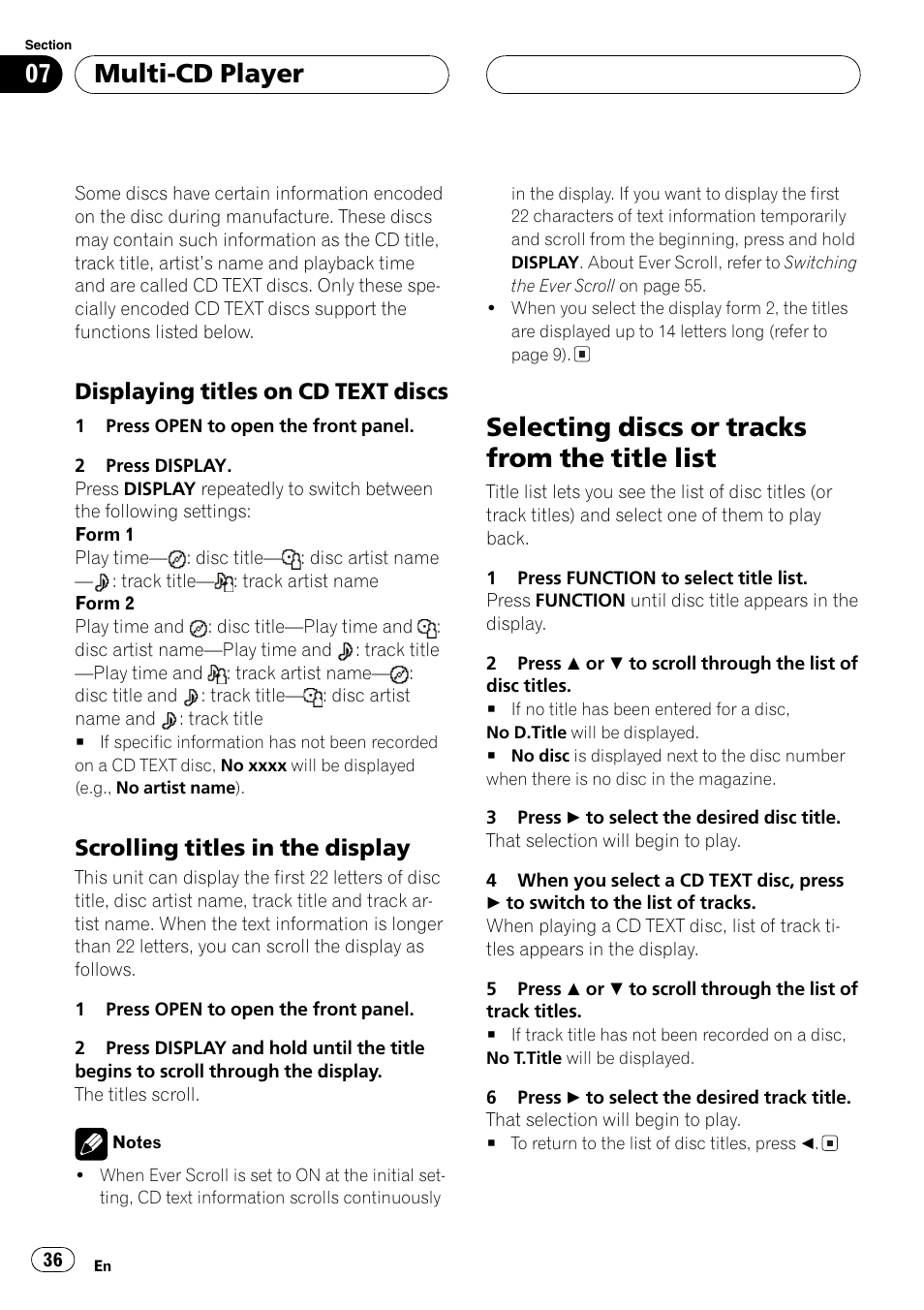 Displaying titles on cd text, Discs 36, Scrolling titles in the display 36 | Selecting discs or tracks from the title, List 36, Selecting discs or tracks from the title list, Multi-cd player, Displaying titles on cd text discs, Scrolling titles in the display | Pioneer DEH-P9650MP User Manual | Page 36 / 221