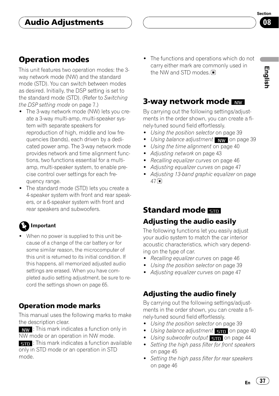 Audio adjustments operation modes 37, Operation mode marks 37, Way network mode | Standard mode, Adjusting the audio easily 37, Adjusting the audio finely 37, Operation modes, Audio adjustments, Operation mode marks, Adjusting the audio easily | Pioneer DEH-P9650MP User Manual | Page 37 / 221
