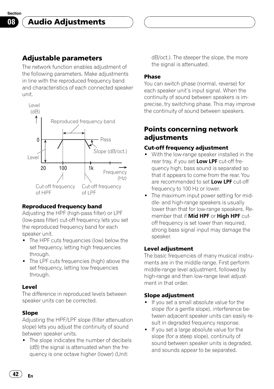 Adjustable parameters 42, Points concerning network, Adjustments 42 | Audio adjustments, Adjustable parameters, Points concerning network adjustments | Pioneer DEH-P9650MP User Manual | Page 42 / 221