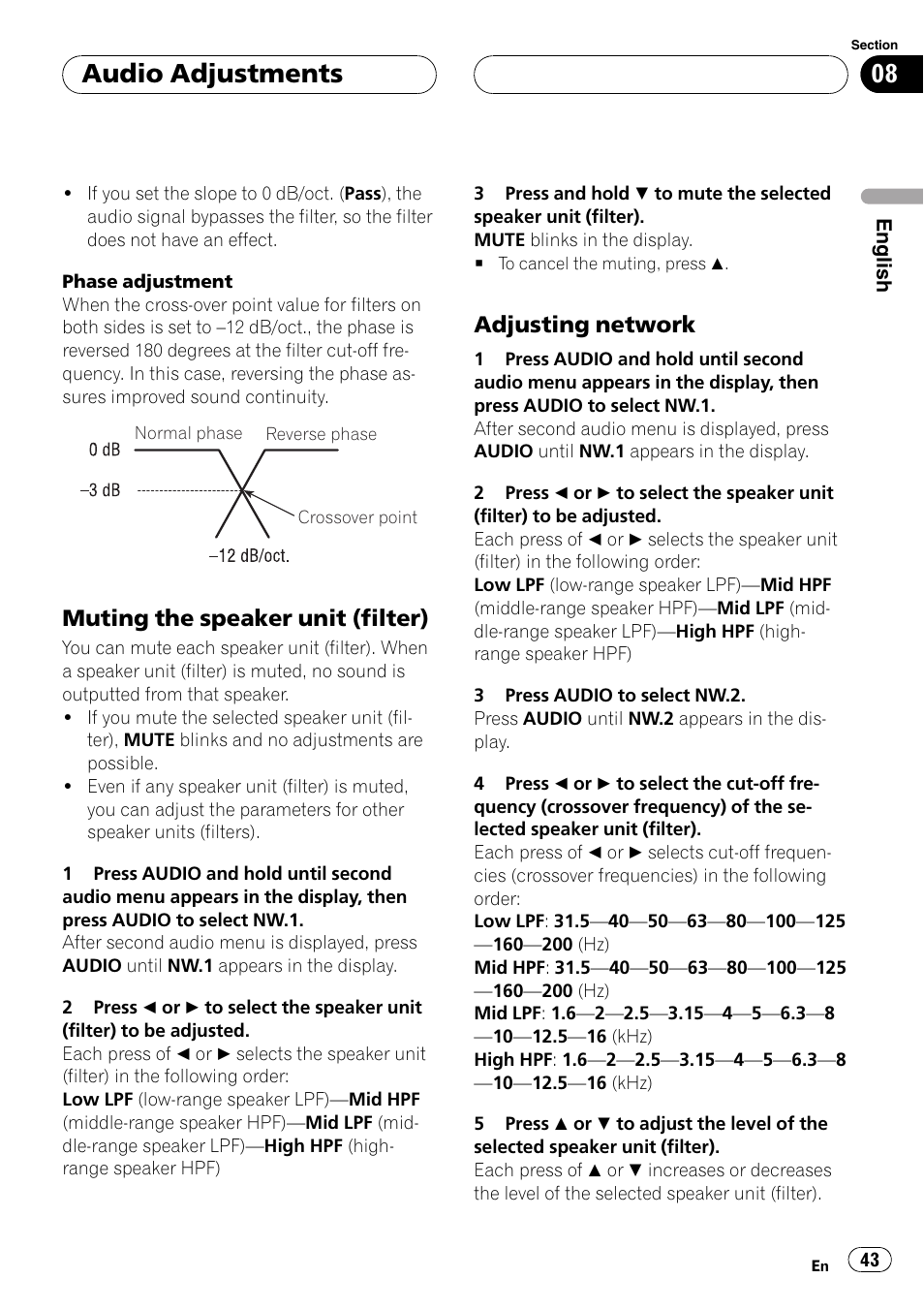 Muting the speaker unit (filter) 43, Adjusting network 43, Audio adjustments | Muting the speaker unit (filter), Adjusting network | Pioneer DEH-P9650MP User Manual | Page 43 / 221