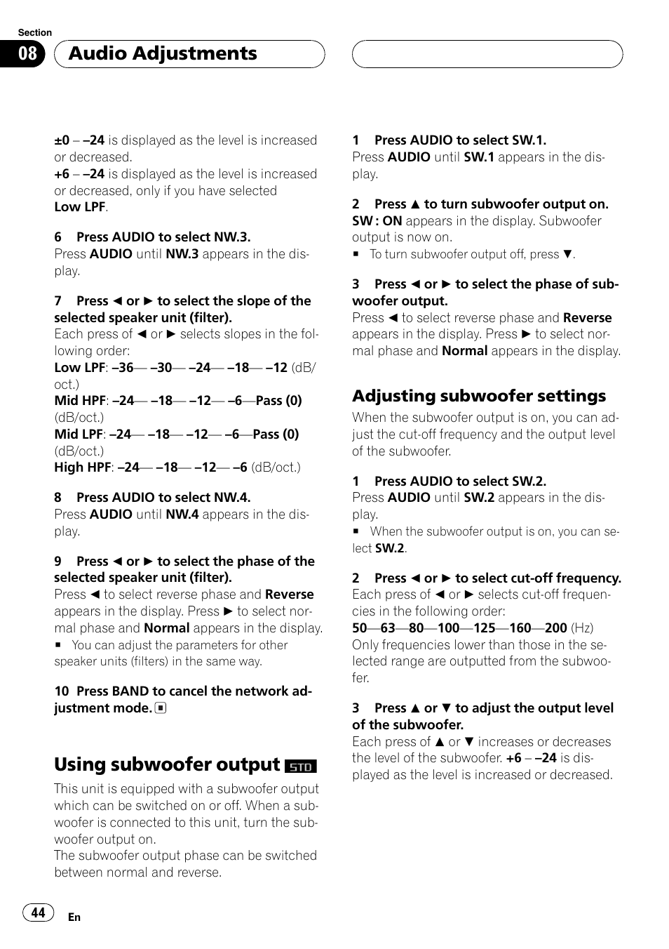Using subwoofer output, Adjusting subwoofer settings 44, Audio adjustments | Adjusting subwoofer settings | Pioneer DEH-P9650MP User Manual | Page 44 / 221