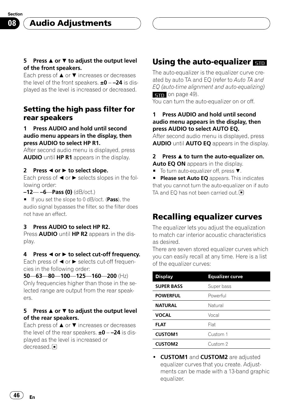 Setting the high pass filter for rear, Speakers 46, Using the auto-equalizer | Recalling equalizer curves 46, Setting the high pass filter for rear speakers, Recalling equalizer curves, Audio adjustments | Pioneer DEH-P9650MP User Manual | Page 46 / 221