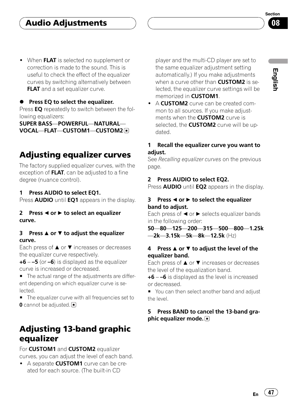 Adjusting equalizer curves, Adjusting 13-band graphic equalizer, Audio adjustments | Pioneer DEH-P9650MP User Manual | Page 47 / 221