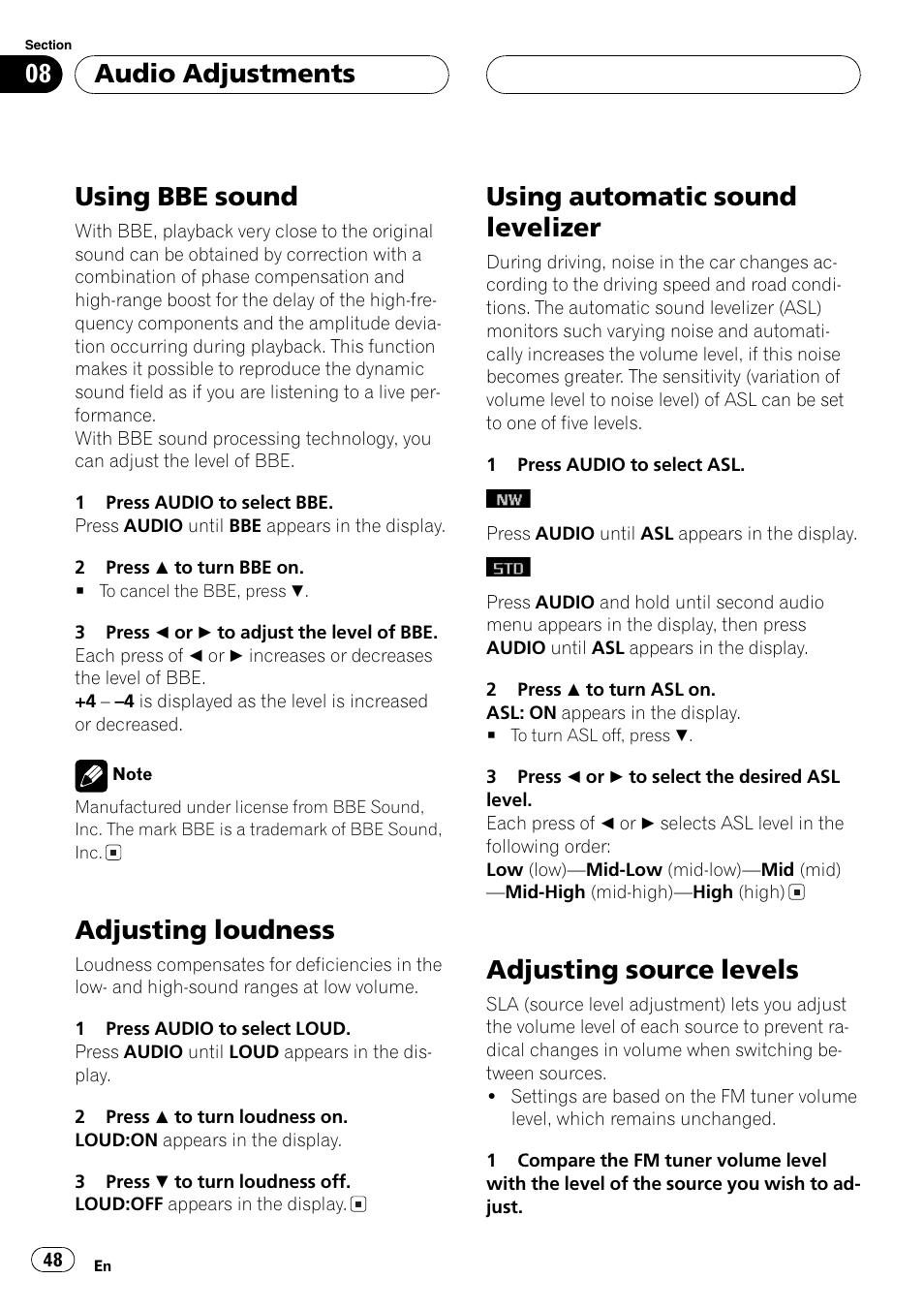 Using bbe sound, Adjusting loudness, Using automatic sound levelizer | Adjusting source levels, Audio adjustments | Pioneer DEH-P9650MP User Manual | Page 48 / 221